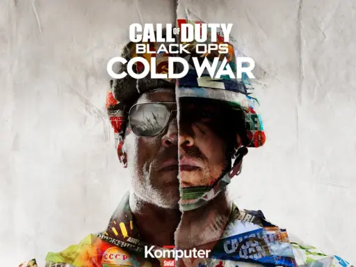 Plakat gry Call of Duty Black Ops Cold War z kolażem propagandowych obrazów z epoki zimnej wojny, w tym radzieckiego kosmonauty i symboli ZSRR.
