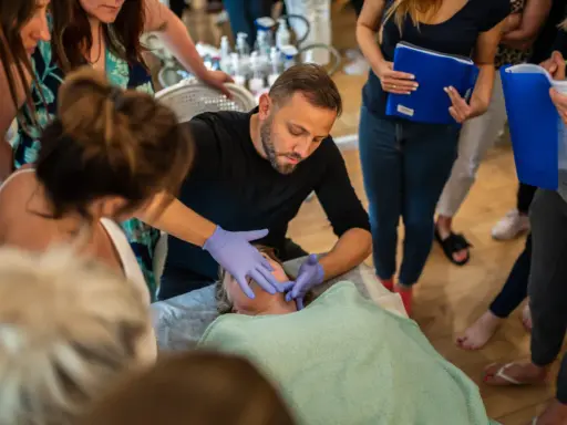 Mężczyzna w rękawiczkach demonstruje masaż kobido na twarzy leżącej osoby. Wokół zgromadzone kobiety obserwują.
