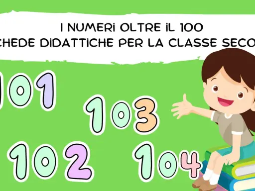 Bambina sorridente su libri, circondata dai numeri 101, 102, 103, 104. Schede didattiche per la classe seconda sui numeri oltre il 100.