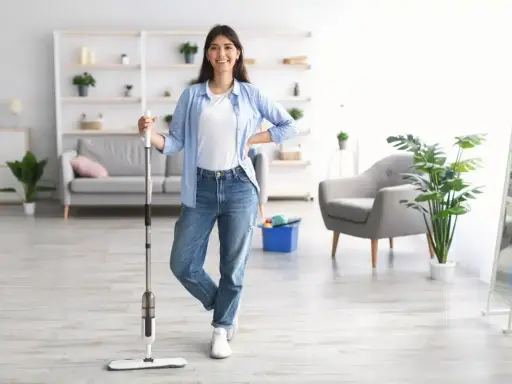 Uśmiechnięta kobieta z mopem w ręku, gotowa do mycia podłogi w jasnym salonie.