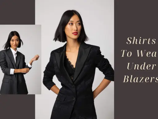 A woman models different shirts to wear under a blazer, showcasing a classic white button-down and a lace camisole.