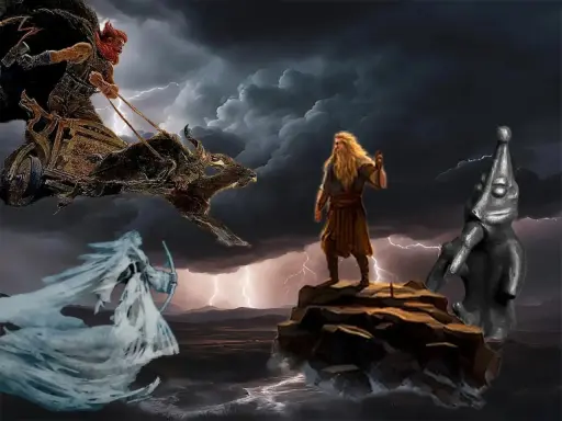 Mitologia germańska bogowie: Thor na rydwanie, Odyn na skale i piękna bogini z łukiem.