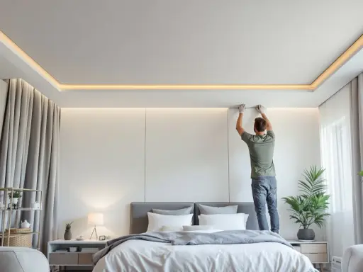 Installazione di pannelli per l'isolamento acustico del soffitto in una camera da letto moderna.