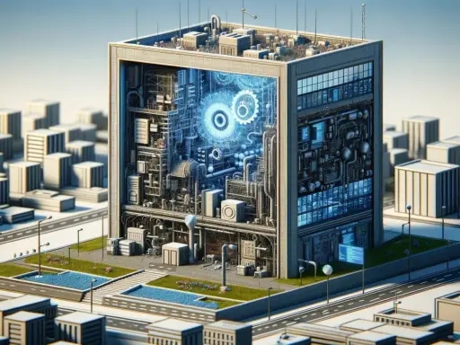 Futurystyczny budynek z widocznym wnętrzem pełnym mechanizmów i niebieskich świateł, przypominający złożony system. To wizualizacja **facade pattern** w architekturze oprogramowania.