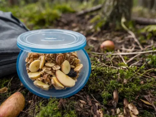 Idealne co do jedzenia w góry: musli z bananem i jabłkiem w pojemniku, obok plecak i jabłka na leśnym poszyciu.