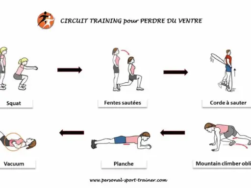 Circuit training pour perdre du ventre : squats, fentes sautées, corde à sauter, mountain climber obliques, planche, vacuum.