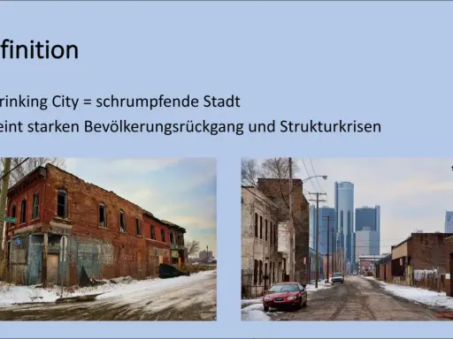 Verfallene Gebäude und moderne Skyline in Detroit spiegeln die Herausforderungen der Detroit Stadtentwicklung wider.