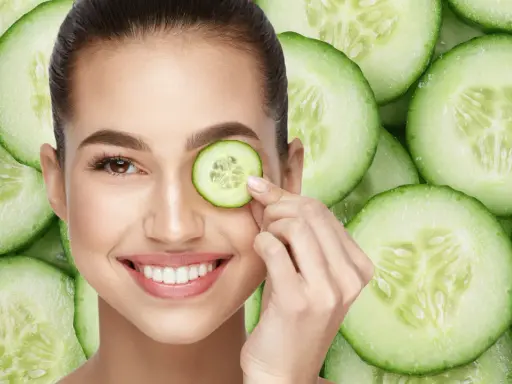 Una mujer sonríe mientras se coloca una rodaja de pepino en el ojo, rodeada de más rodajas de pepino.
