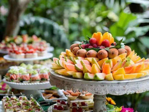 Un magnifique buffet froid recette avec une pyramide de fruits frais, des canapés et des desserts.