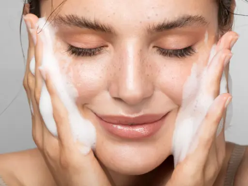 Donna con gli occhi chiusi mentre si lava il viso con un detergente schiumoso. Un gesto delicato per capire come si usa il detergente viso.