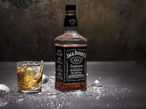 Burbon co to? Butelka Jack Daniel's Tennessee Whiskey i szklanka z drinkiem, lodem i rozbryzgami.