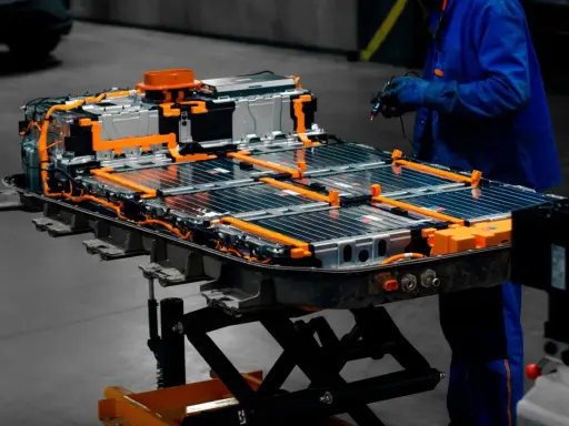Assemblaggio di batterie per macchine elettriche, con cavi arancioni e celle metalliche. Un tecnico in tuta blu lavora sul pacco batteria.