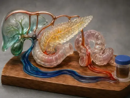 Modello artistico di fegato, pancreas e intestino, con flussi blu e rossi che simboleggiano la bile e altri fluidi digestivi, evidenziando la bile funzione.
