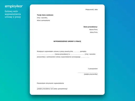 Gotowy wzór wypowiedzenia umowy o pracę. Formularz zawiera pola na dane pracownika, pracodawcy i informacje o tym, jak złożyć wypowiedzenie.