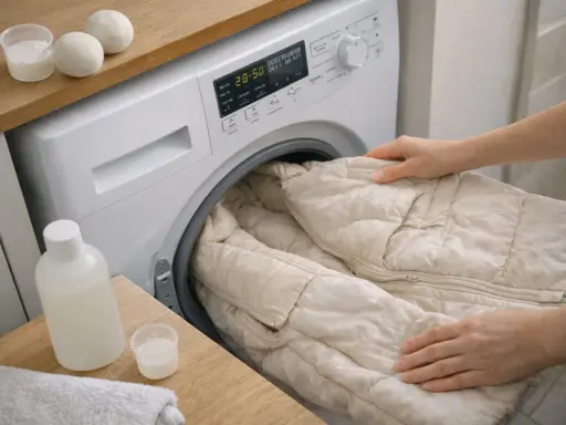 Ręce wkładają beżową kurtkę puchową do pralki. Obok butelka płynu i kulki do prania.