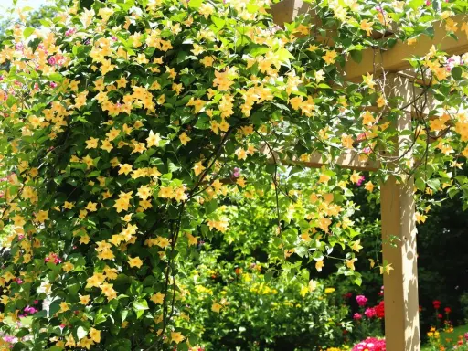 Une **plante grimpante croissance rapide** aux fleurs jaunes éclabousse une pergola en bois. Le feuillage dense est parsemé de grappes de fleurs en trompette.