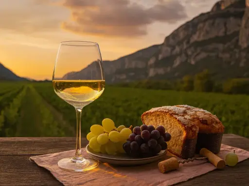 Ein Glas Pino Grigio steht neben Trauben und Brot auf einem Tisch vor einem Weinberg bei Sonnenuntergang.