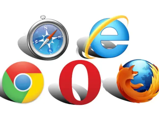 Icônes de logiciels de navigation pour PC : boussole, Internet Explorer, Chrome, Opera et Firefox.