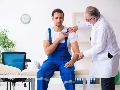 Un ouvrier en bleu de travail consulte un médecin pour une possible maladie professionnelle de l'épaule. Le médecin examine son bras.
