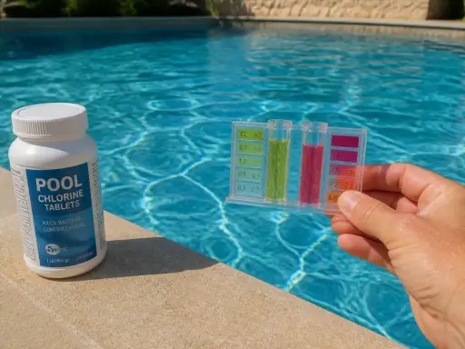 Test de chlore et de pH pour piscine, avec une bouteille de pastilles de chlore. Le temps d'évaporation du chlore dans l'eau est une préoccupation.