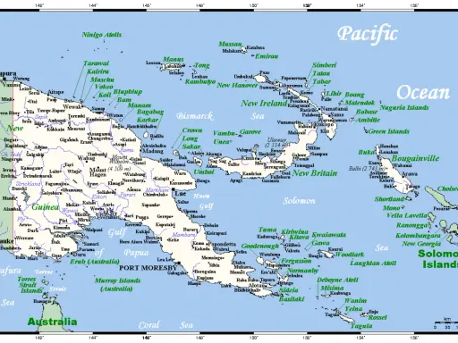 Papua Nowa Gwinea mapa: wyspy, miasta, zatoki i oceany. Zobacz położenie Nowej Gwinei i okolicznych wysp.
