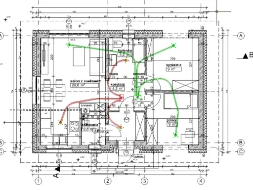 Projekt instalacji wentylacji mechanicznej z odzyskiem ciepła w mieszkaniu. Zielone linie pokazują nawiew, czerwone wywiew.