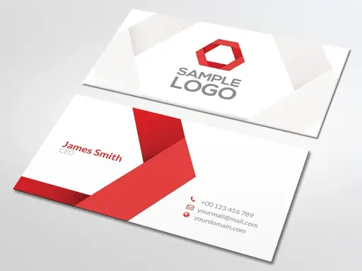 Dwie wizytówki z nowoczesnym, czerwono-białym wzorem. Jedna zawiera logo i napis "SAMPLE LOGO", druga dane kontaktowe i nazwisko "James Smith CEO". Idealny papier do wizytówek.