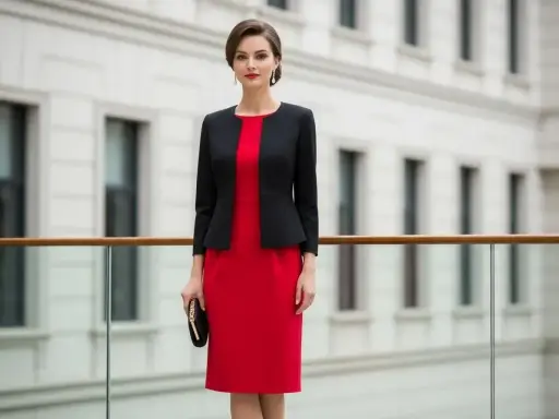 Elegancka kobieta w czerwonej sukience i czarnym żakiecie, idealna stylizacja jaki żakiet do czerwonej sukienki na wesele.