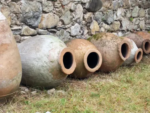 Antiguas ánforas de vino yacen en la hierba, algunas cubiertas de musgo, contra un muro de piedra.