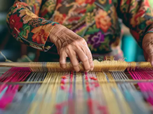 Mains d'une personne tissant sur un métier à tisser avec des fils colorés.