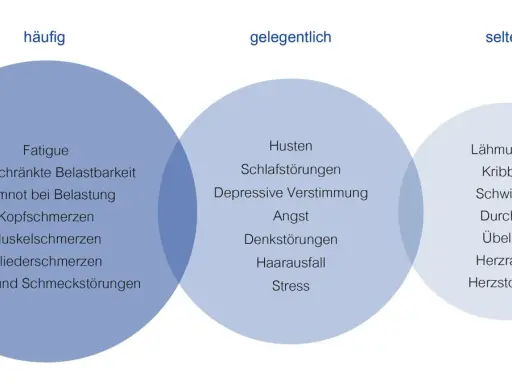 Venn-Diagramm zeigt Symptome nach Corona: häufig (Fatigue, Atemnot), gelegentlich (Husten, Angst) und selten (Lähmungen, Herzrasen). Asthma nach Corona kann sich unterschiedlich äußern.