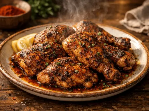 Sabroso pollo cajun humeante en un plato rústico, con gajos de limón y un cuenco de pimentón al fondo.