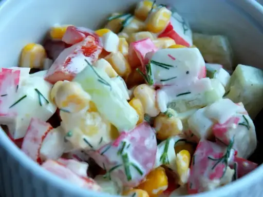 Pyszna sałatka z surimi, kukurydzy, ogórka i jajka, polana kremowym sosem z koperkiem.