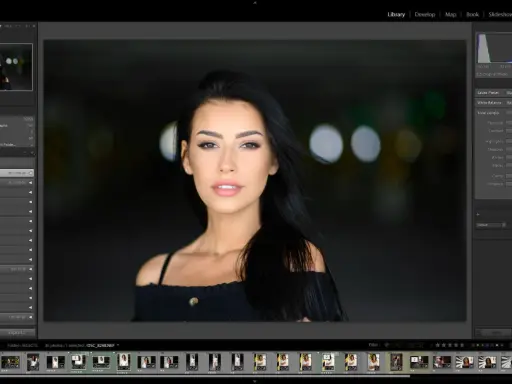 Portret kobiety w programie Lightroom, idealny do nauki kurs lightroom. Widoczne panele edycji i miniaturki zdjęć.