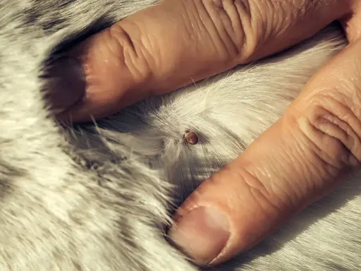 Une tique est visible sur le pelage d'un chien, tenue par des doigts. La durée de vie d'une tique accrochée sur un chien varie.