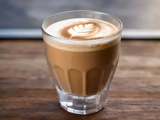 Ein Glas Cortado Kaffee mit Milchschaum-Latte-Art auf einem Holztisch.