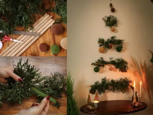 Julgrans inspo: gör en väggjulgran av granris och bollar. Enkla steg för en unik jul.