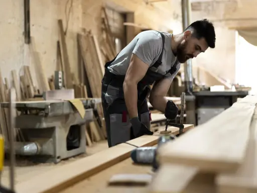 Carpintero ajustando una pieza de madera con una prensa. En el taller, se aprecian varios tablones y maquinaria, listos para crear acabados de madera perfectos.