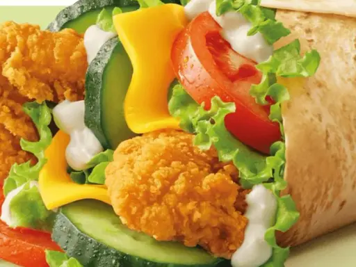 McWrap Bekon Deluxe: chrupiący kurczak, bekon, ser, warzywa i sos w tortilli. Pyszny i sycący, idealny na szybki posiłek.