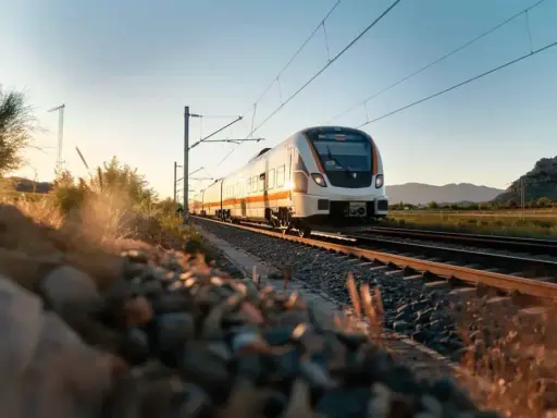Treno moderno su binari al tramonto, ideale per capire come spostarsi da Porto a Lisbona in modo panoramico e rilassante.
