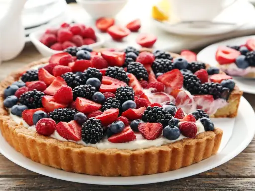 Tarta na cieście francuskim, obficie udekorowana świeżymi truskawkami, malinami, jeżynami i borówkami. Pyszny deser na letnie popołudnie.