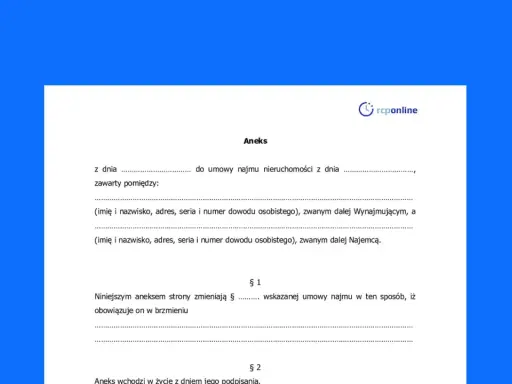 Aneks do umowy najmu nieruchomości, zawierający dane stron i postanowienia dotyczące zmian w umowie.
