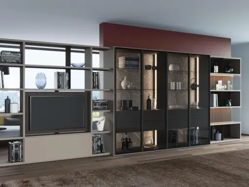 Elegante porta tv girevole design, con libreria componibile e vetrine illuminate, perfetta per un salotto moderno.