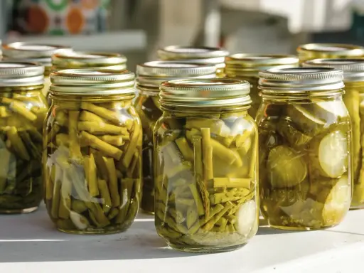 Gläser mit eingelegtem Gemüse. Achten Sie auf Anzeichen, um Botulismus in Konserven zu erkennen: Blasenbildung, trübe Flüssigkeit oder ein seltsamer Geruch.
