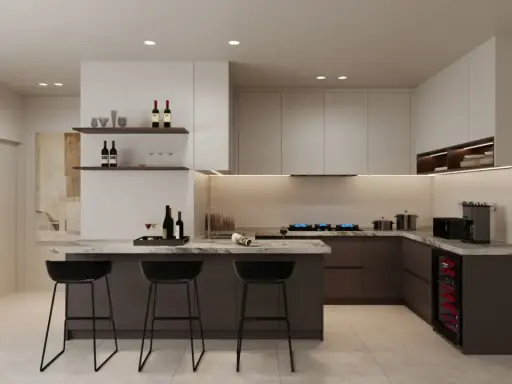 Elegantes diseños cocinas con isla, barra de desayuno, vinoteca y electrodomésticos modernos.