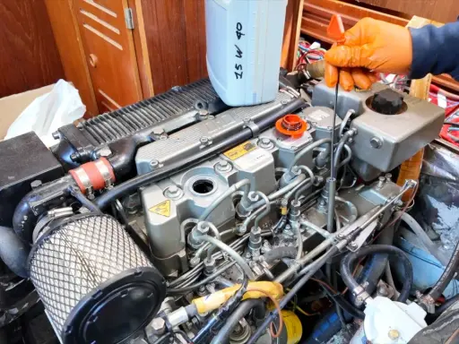 Main d'une personne en gant orange vérifiant le niveau d'huile d'un moteur 4 temps ne démarre pas. Bidon d'huile 25W40 à proximité.