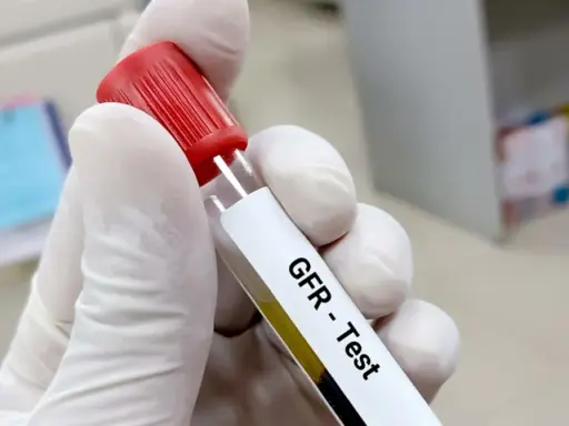 Rękawiczka trzyma probówkę z oznaczeniem "GFR - Test". To jedno z badań na nerki, które ocenia ich pracę.