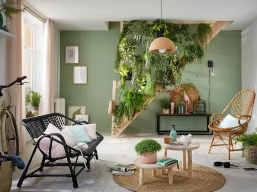 Une idée déco escalier mur avec un mur végétal luxuriant, un vélo vintage, des meubles en rotin et des coussins pastel.
