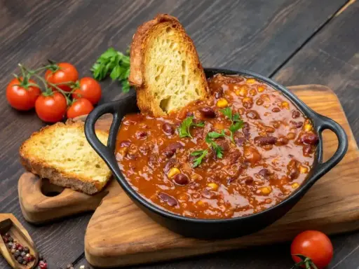 Gęste chili con carne z fasolą i kukurydzą, podane z chrupiącym pieczywem. Idealny obiad na dwa dni, który rozgrzeje i nasyci.