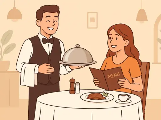 Un camarero sonriente presenta un plato cubierto a una clienta que lee el menú. El **food service** en acción, una experiencia culinaria.